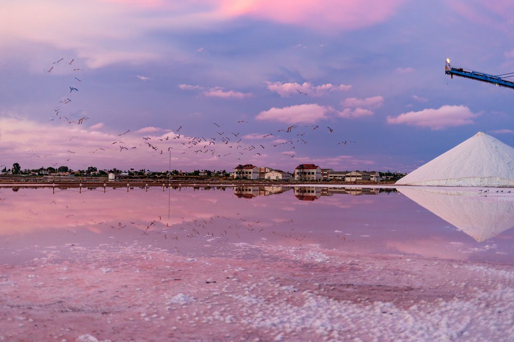 Les salines roses de Torrevieja au crépuscule, Costa Blanca Sud